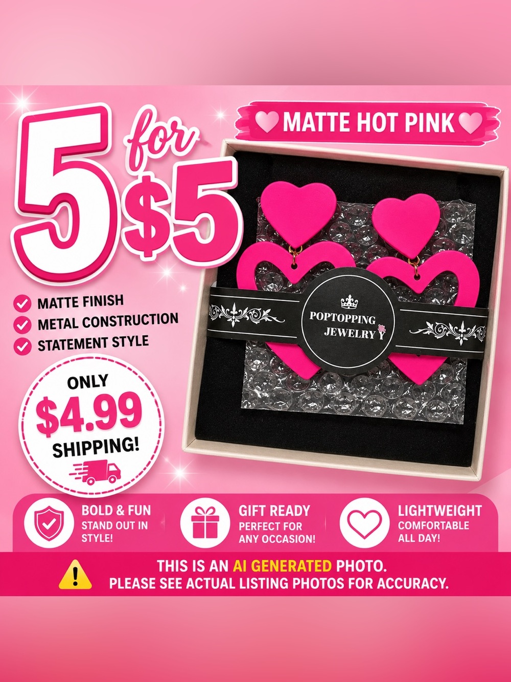 5 NEW Matte Pink Metal Heart Drop Earrings in Gift Boxes